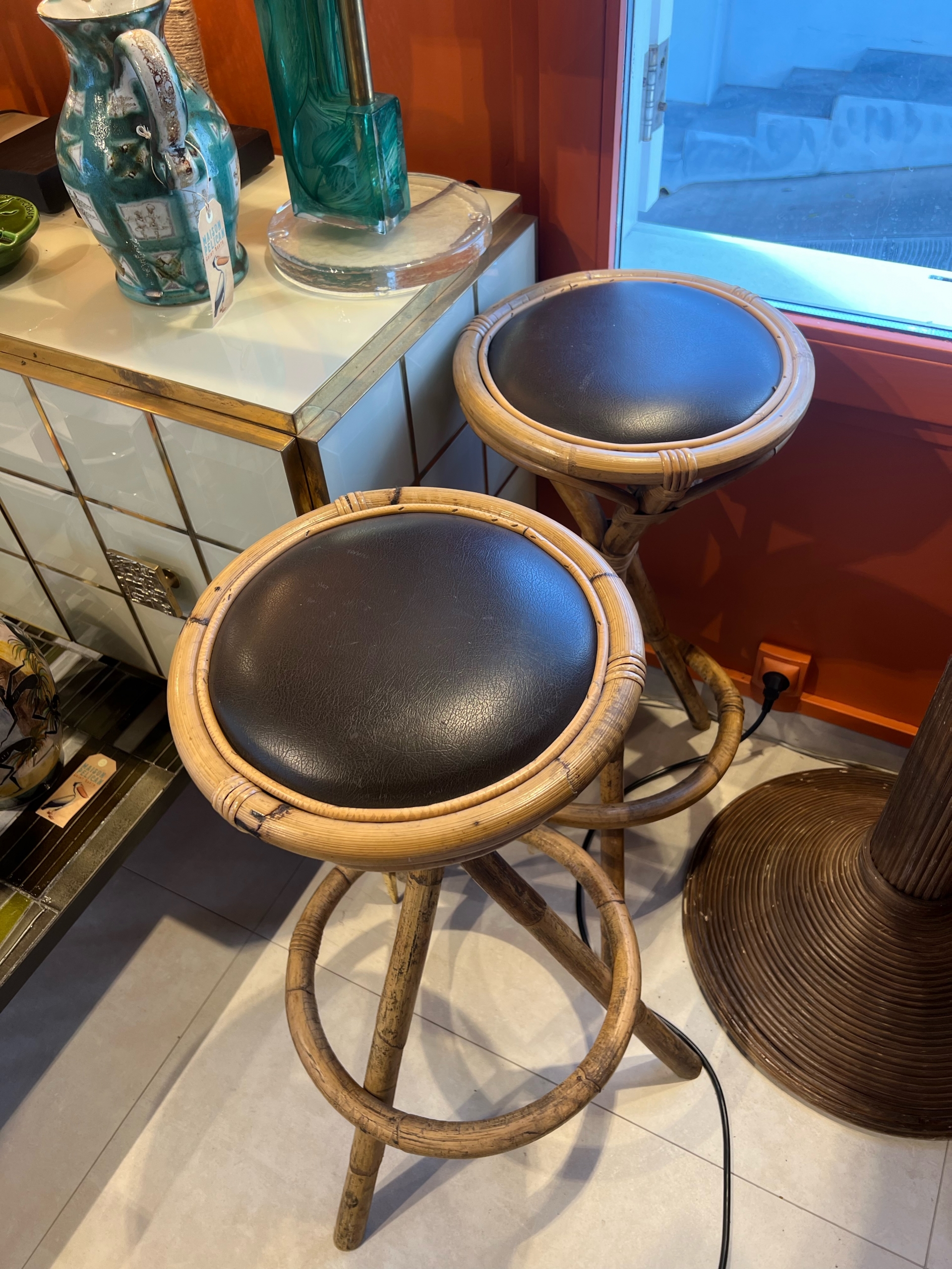 stool ⎮ bar ⎮ Rattan ⎮ Leather ⎮ Vintage